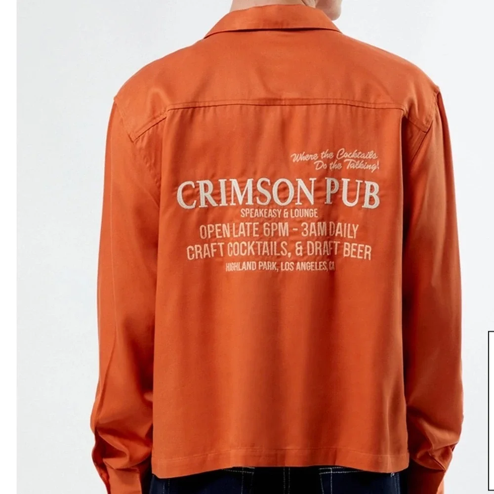 Pacsun Crimson Pub Graphic Button Up Shirt Orange Long Sleeve Men's Size S